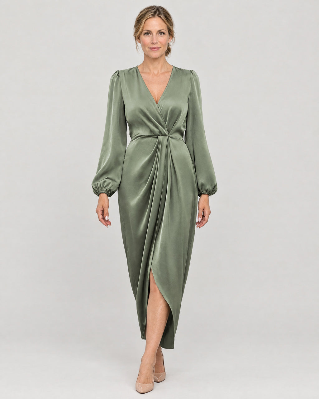 Wickelkleid Damen Salbeigrün – Vorderansicht