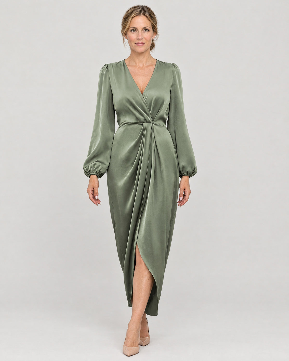 Wickelkleid Damen Salbeigrün – Vorderansicht