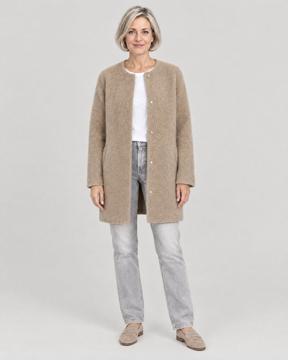 Bouclé Mantel Khaki – Vorderansicht