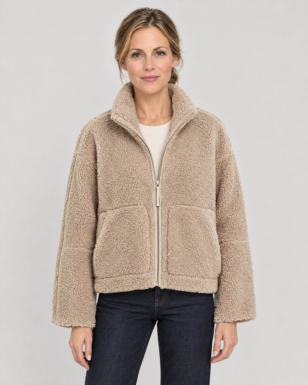 Teddy Fleecejacke Damen Beige – Vorderansicht
