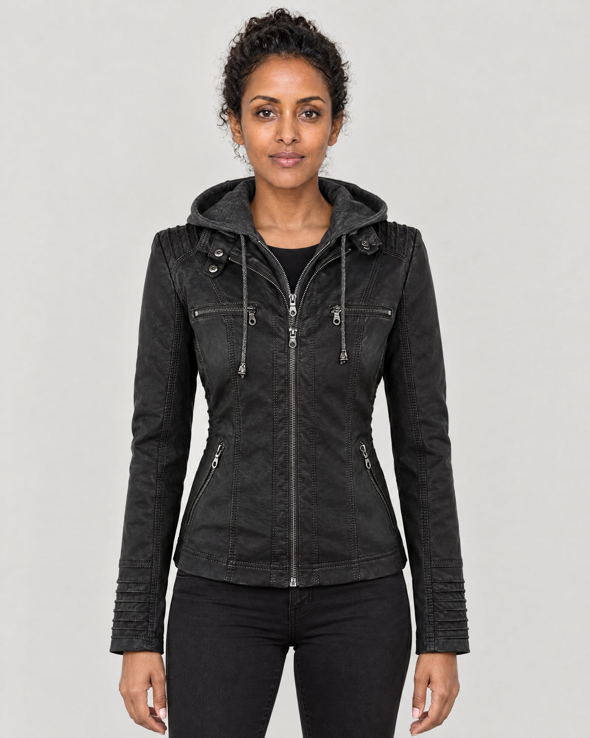 Kunstlederjacke Damen Schwarz – Vorderansicht