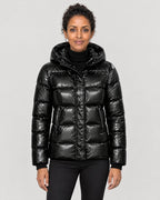Glanz-Pufferjacke Damen Schwarz – Vorderansicht