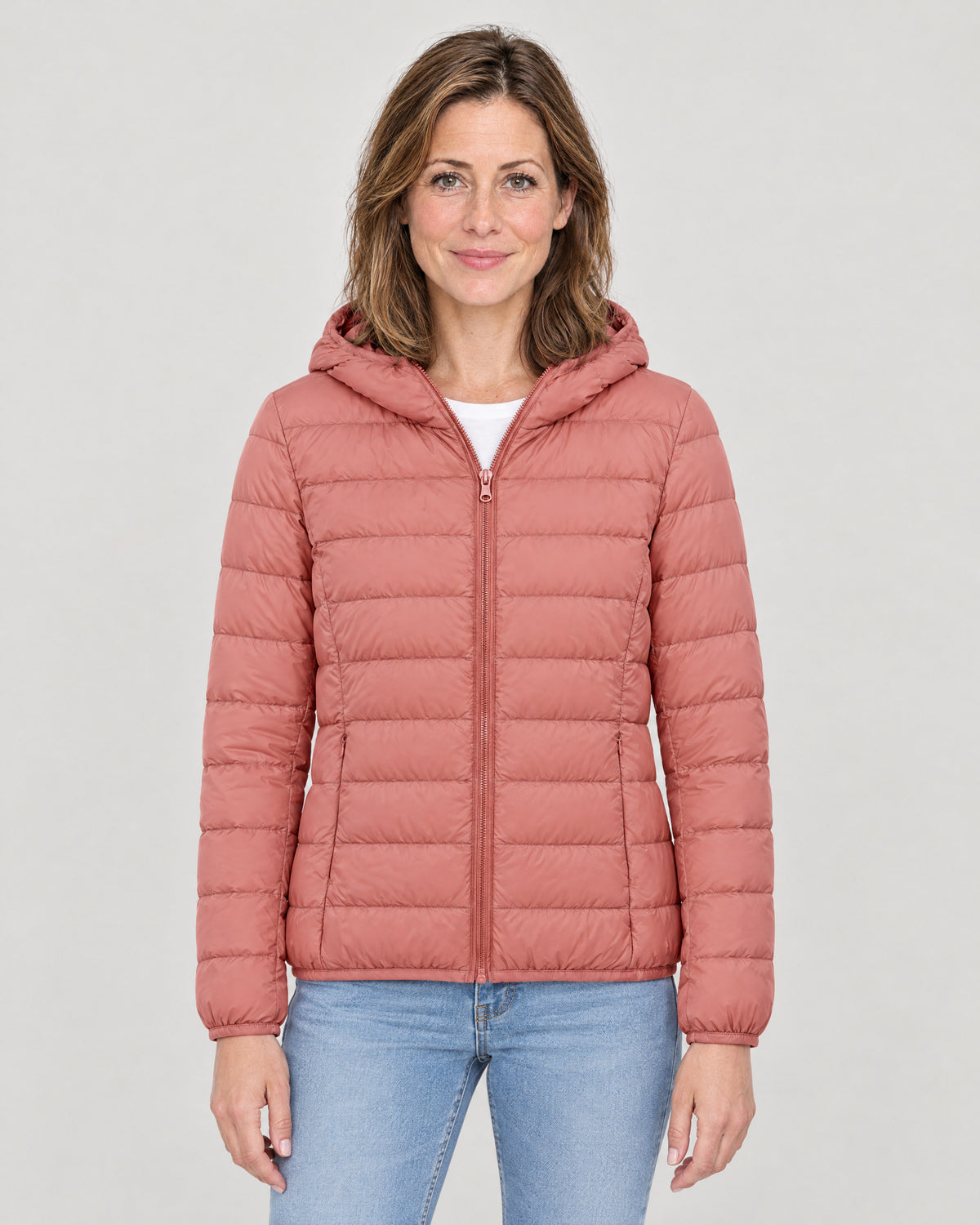 Leichte Daunenjacke Damen Koralle – Vorderansicht