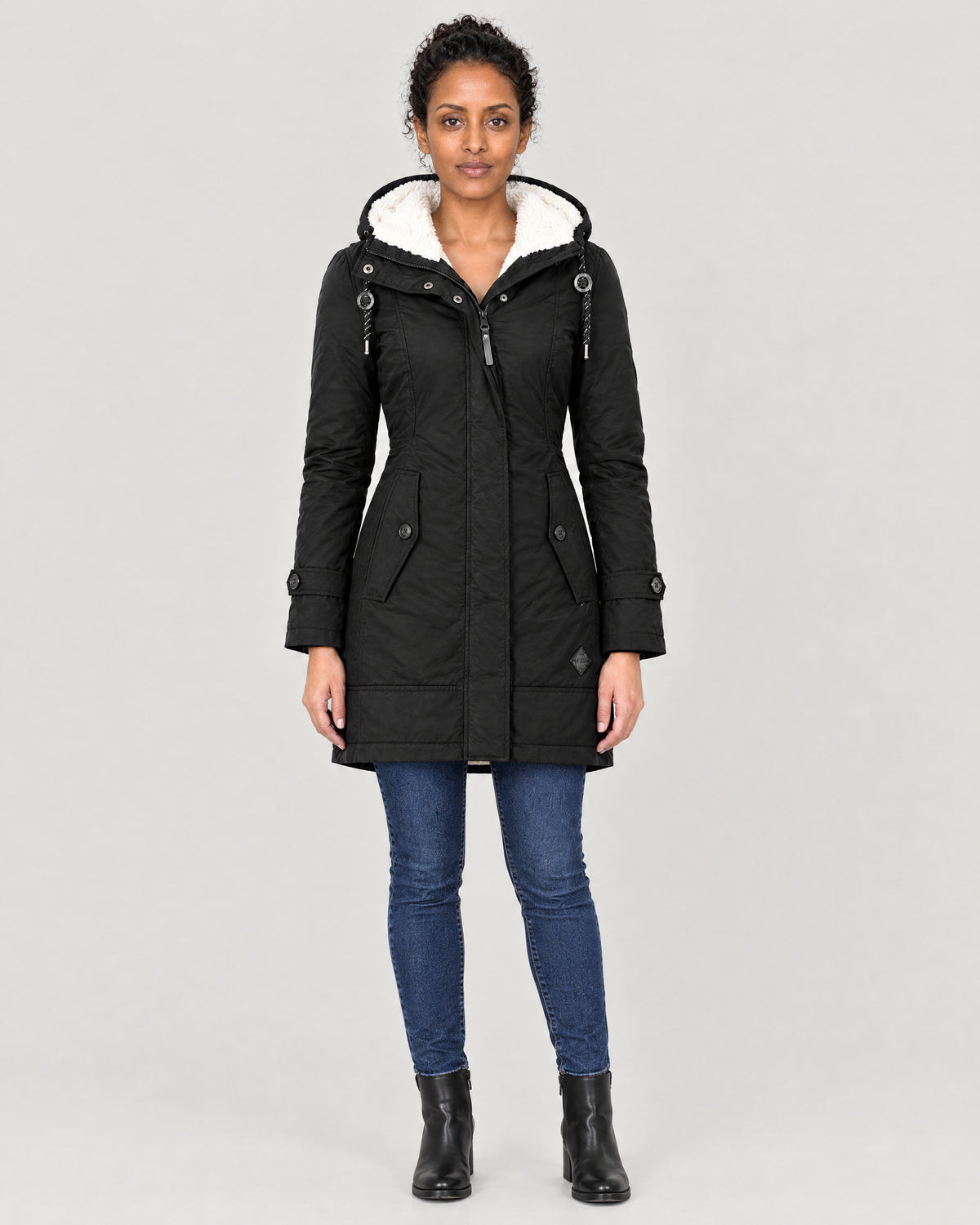 Wintermantel Damen Schwarz – Vorderansicht