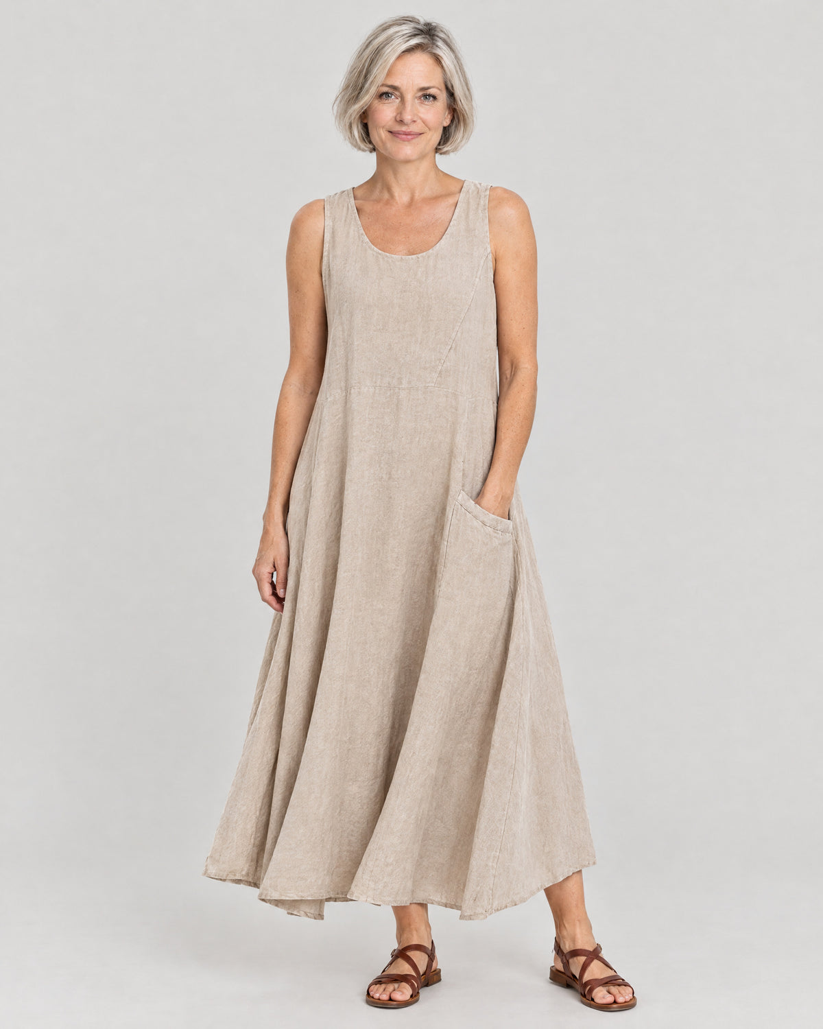 Maxikleid Leinenoptik Khaki – Vorderansicht