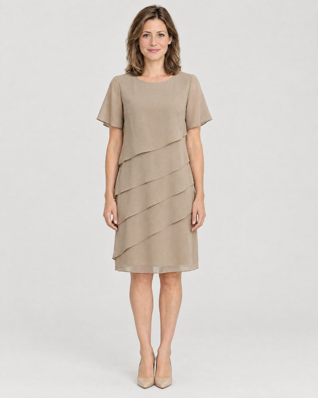 Chiffon Stufenkleid Khaki – Vorderansicht
