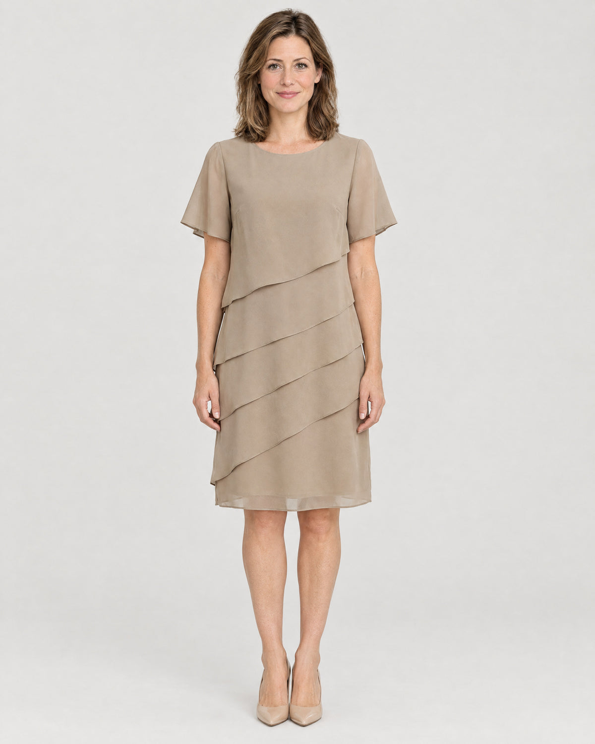 Chiffon Stufenkleid Khaki – Vorderansicht
