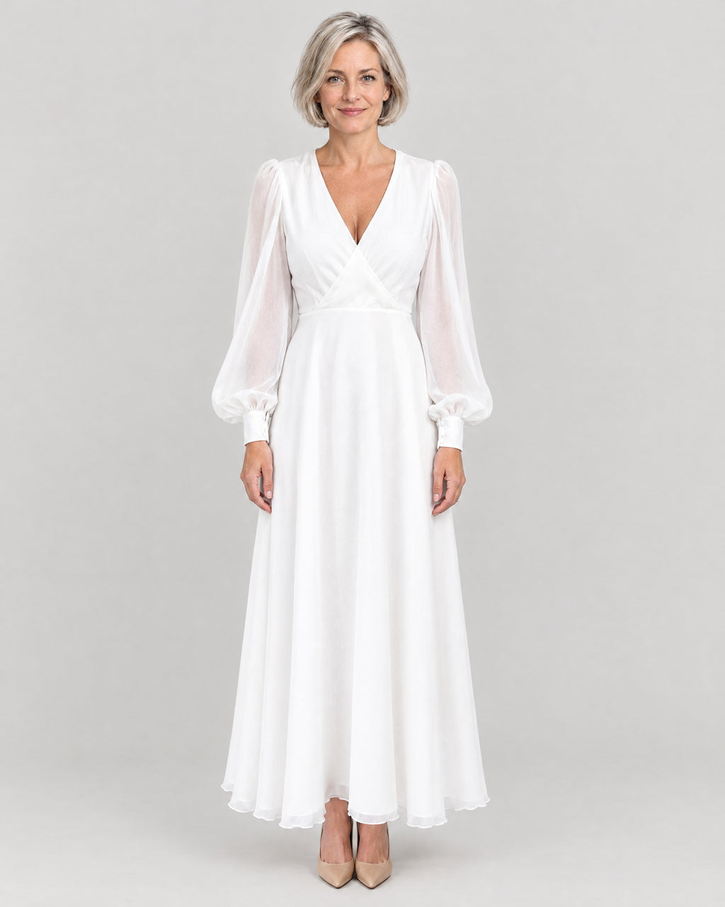 Brautkleid langarm Weiß – Vorderansicht