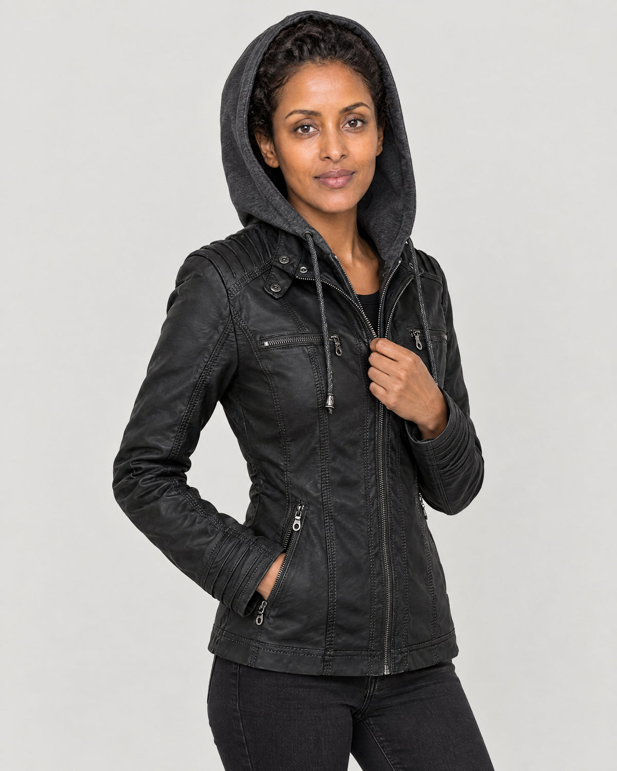 Kunstlederjacke Damen – mit Kapuze