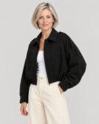 Kurze Oversized-Jacke Damen Schwarz – Dreiviertelansicht