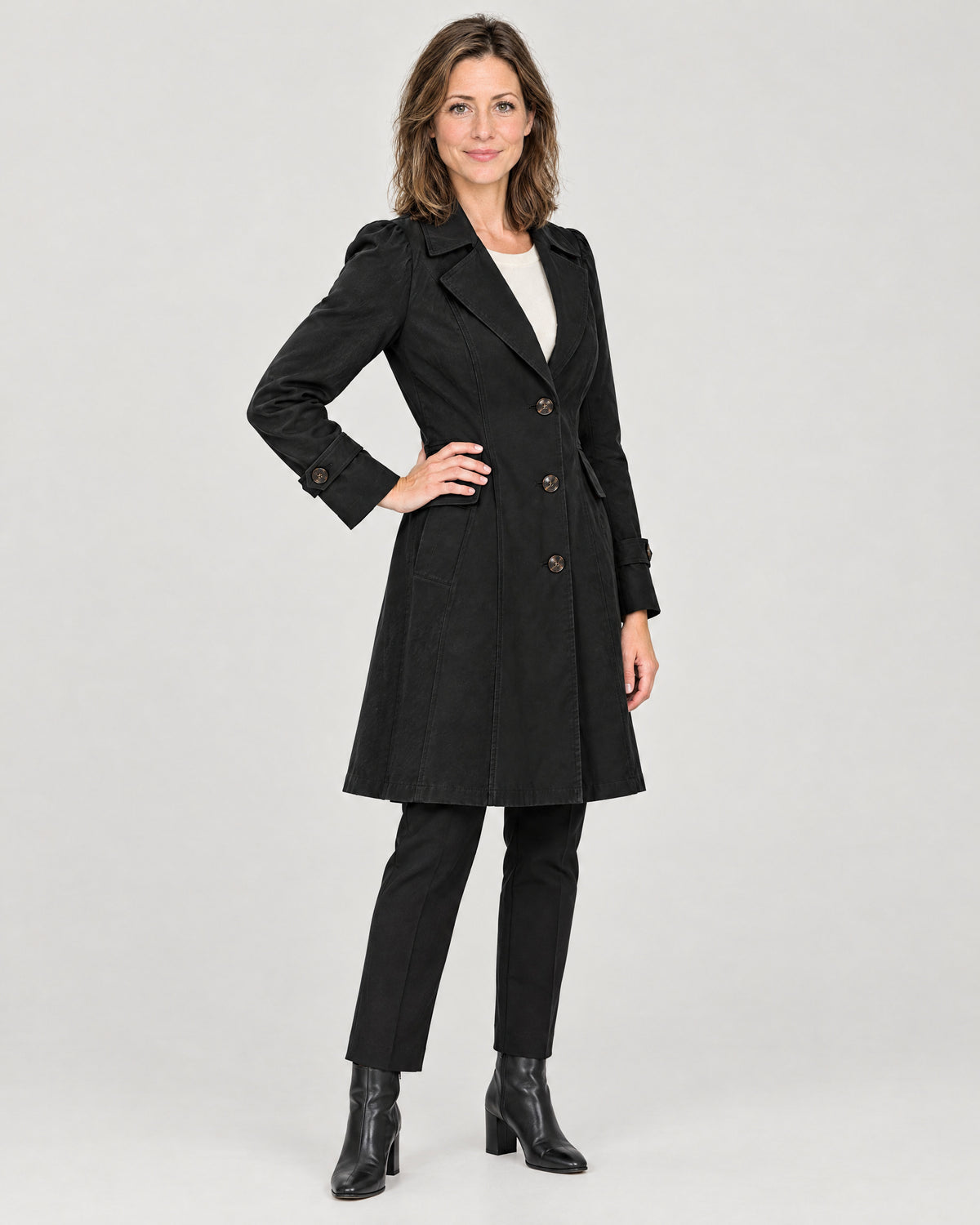 Trenchcoat Damen Schwarz – Dreiviertelansicht