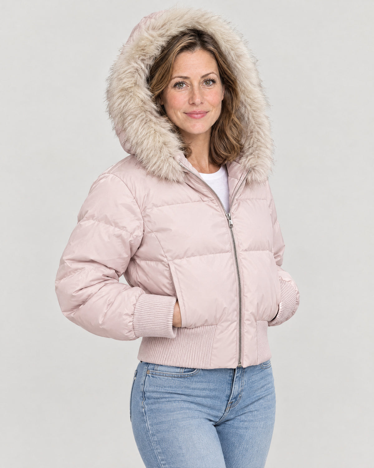 Kurze Steppjacke Damen Rosa – mit Kapuze