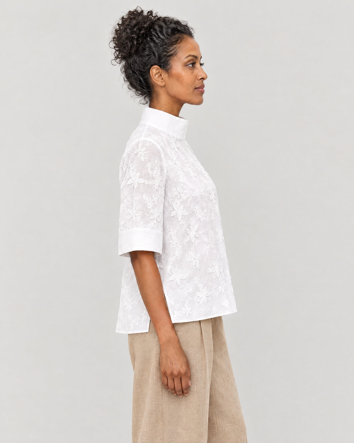 Stehkragen Bluse Damen Weiß – Seitenansicht