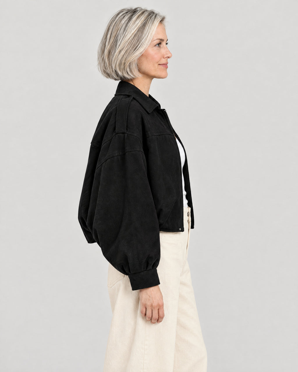 Kurze Oversized-Jacke Damen Schwarz – Seitenansicht