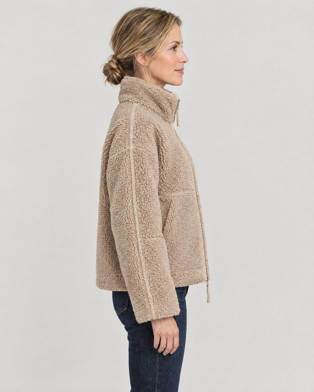 Teddy Fleecejacke Damen Beige – Seitenansicht