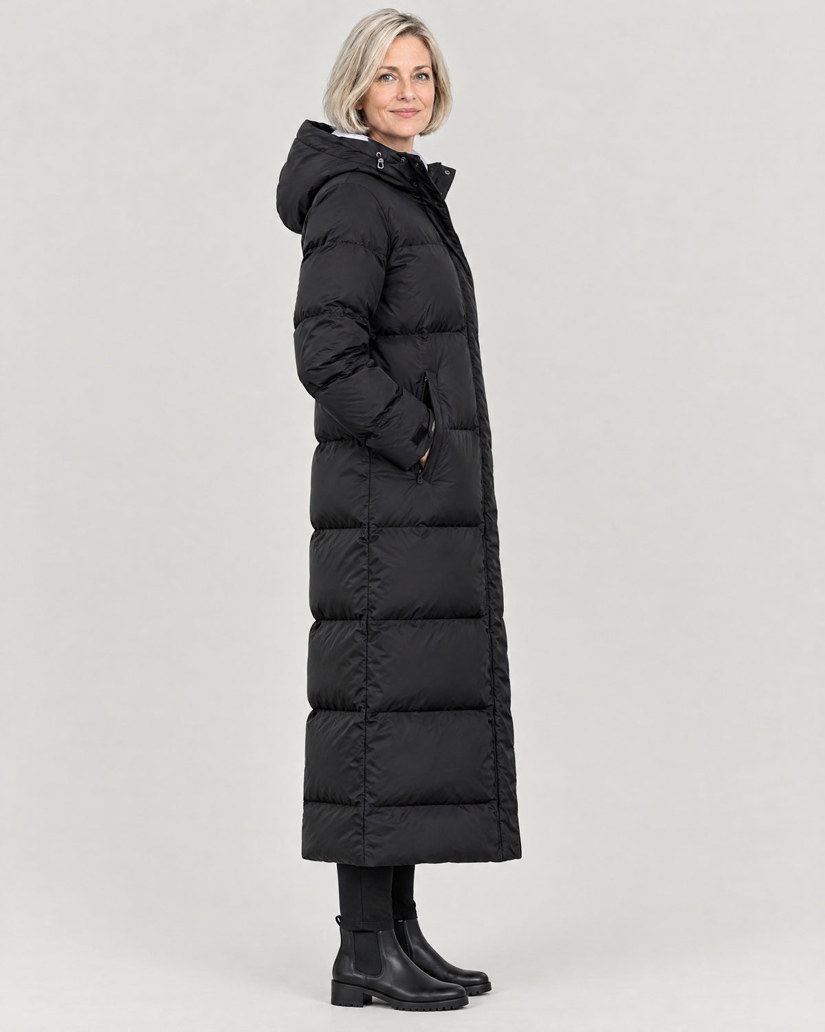 Langer Parka Damen Schwarz – Seitenansicht