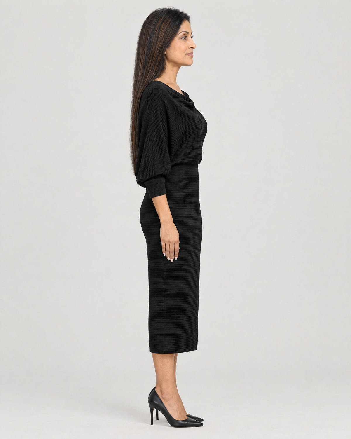 Strick-Midikleid Damen Schwarz – Seitenansicht
