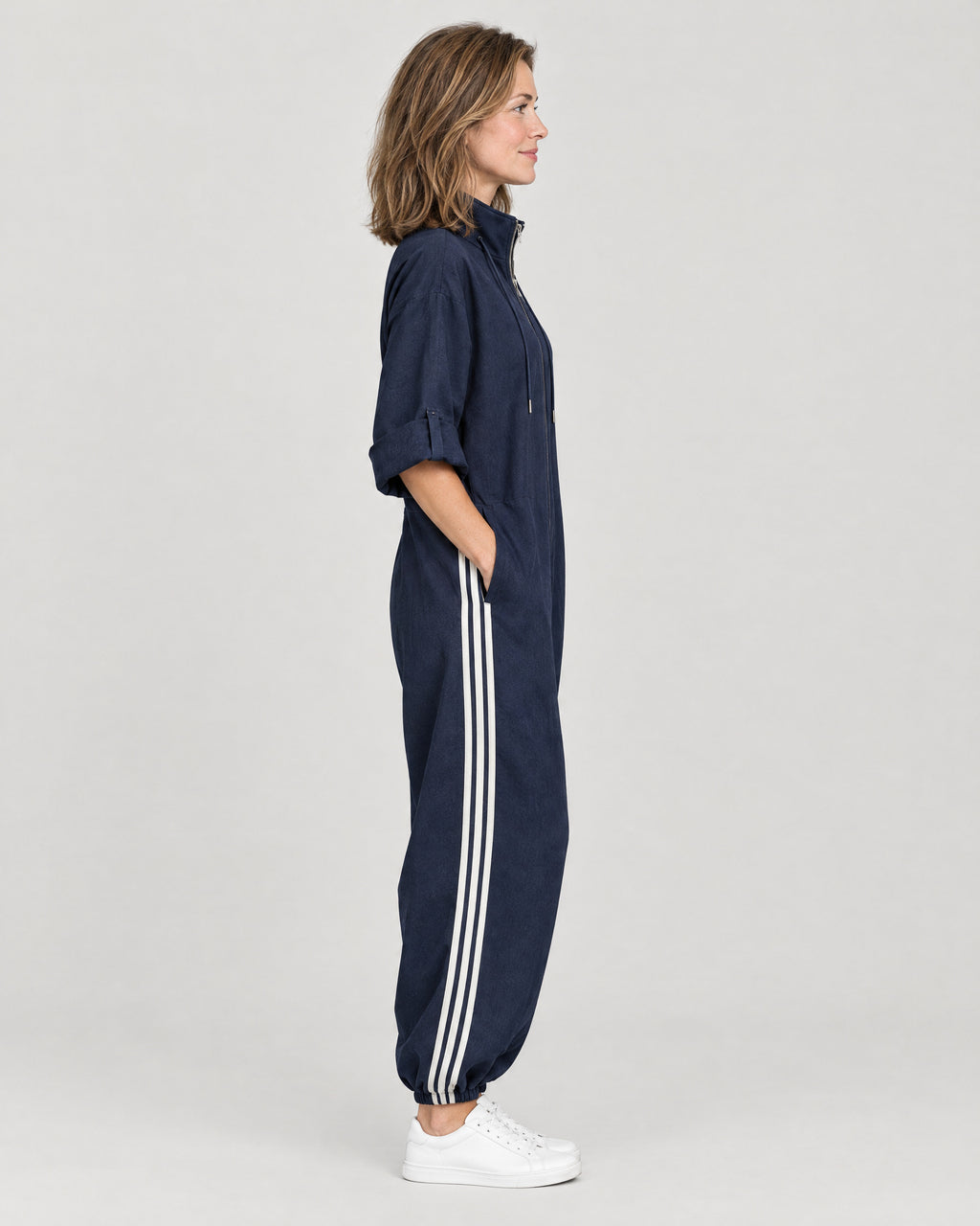 Jumpsuit Damen Dunkelblau – Seitenansicht mit Streifen