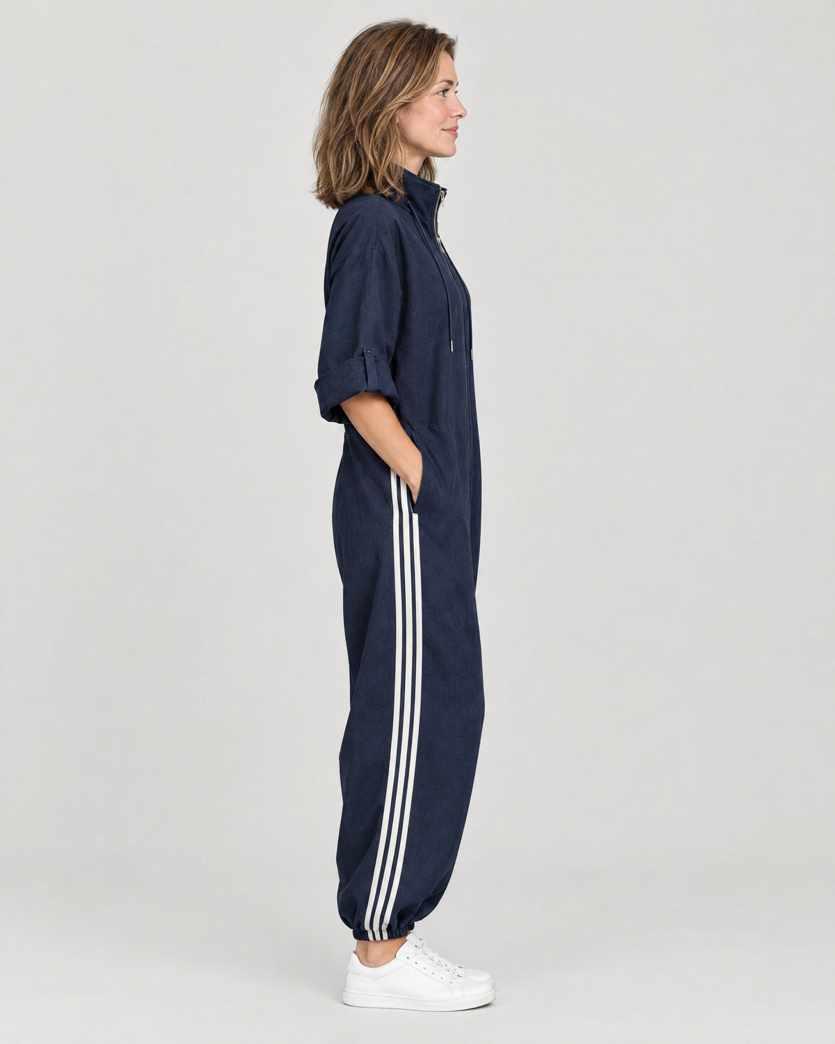Jumpsuit Damen Dunkelblau – Seitenansicht mit Streifen