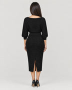 Strick-Midikleid Damen Schwarz – Rückansicht mit Gehschlitz