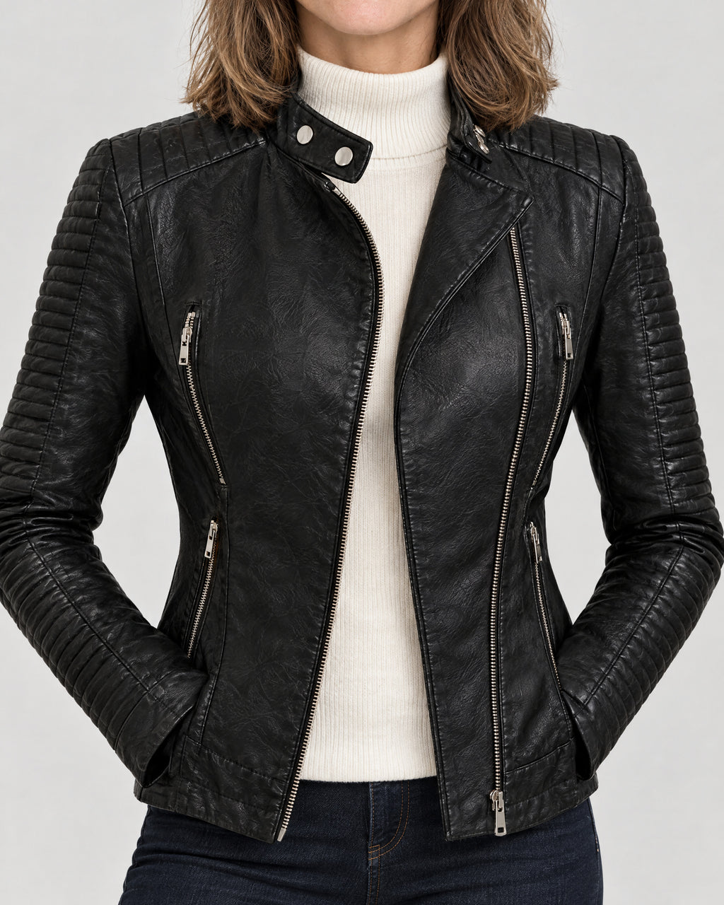 Lederjacke – Detail Stehkragen und Reißverschluss