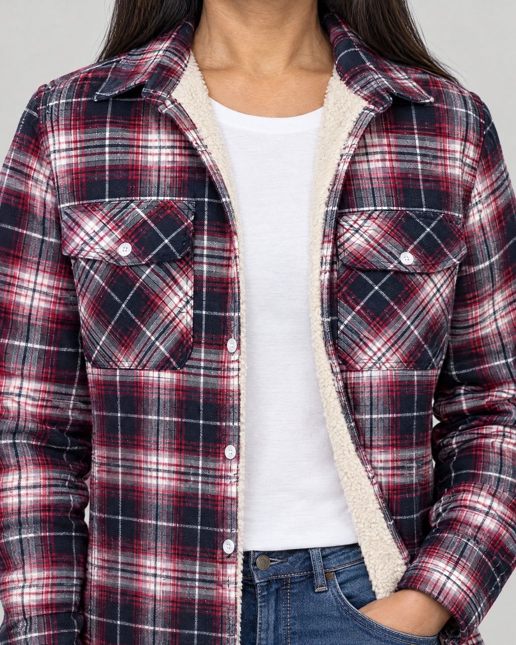 Karierte Hemdjacke – Detail Teddyfutter und Brusttasche