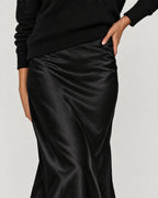 Satin Midikleid Schwarz – Detail Satin und Strick