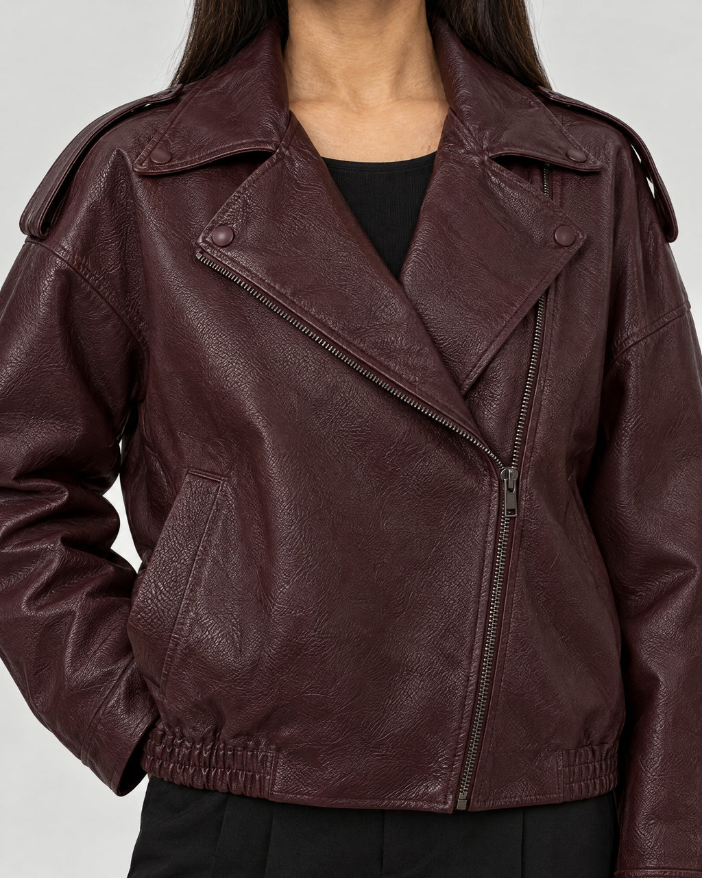 Bikerjacke – Detail asymmetrischer Reißverschluss