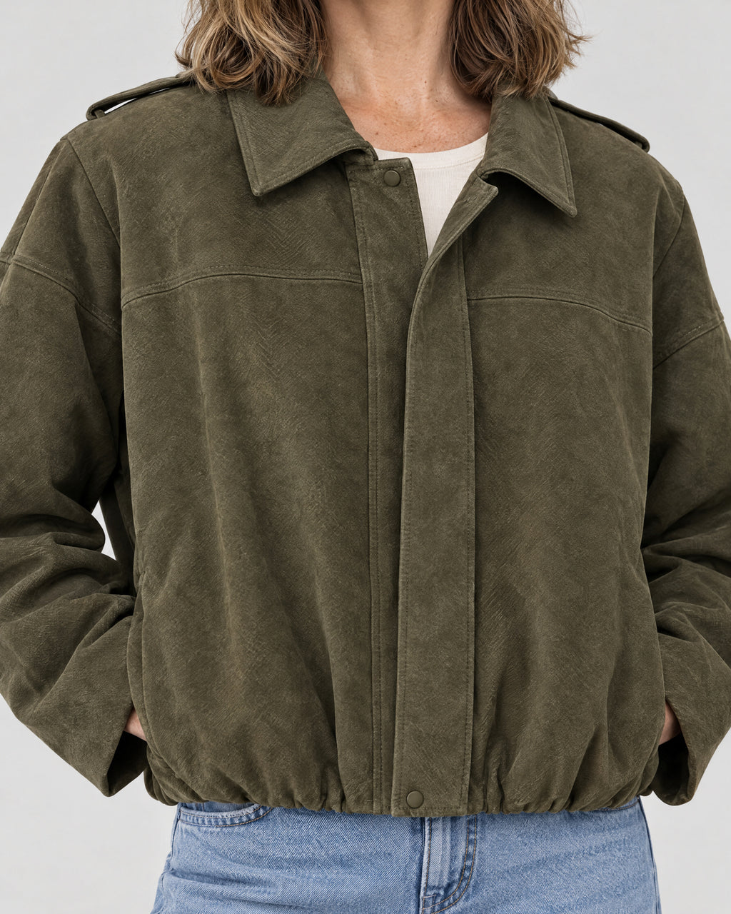 Jacke – Detail Kragen und Wildlederoptik