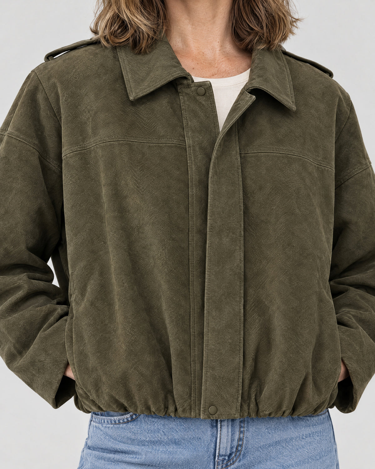 Jacke – Detail Kragen und Wildlederoptik