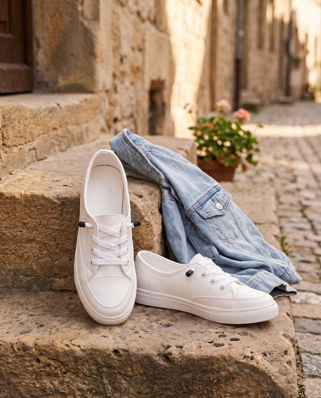 Slip-on Sneaker Damen Weiß – auf Steinstufen in der Altstadt