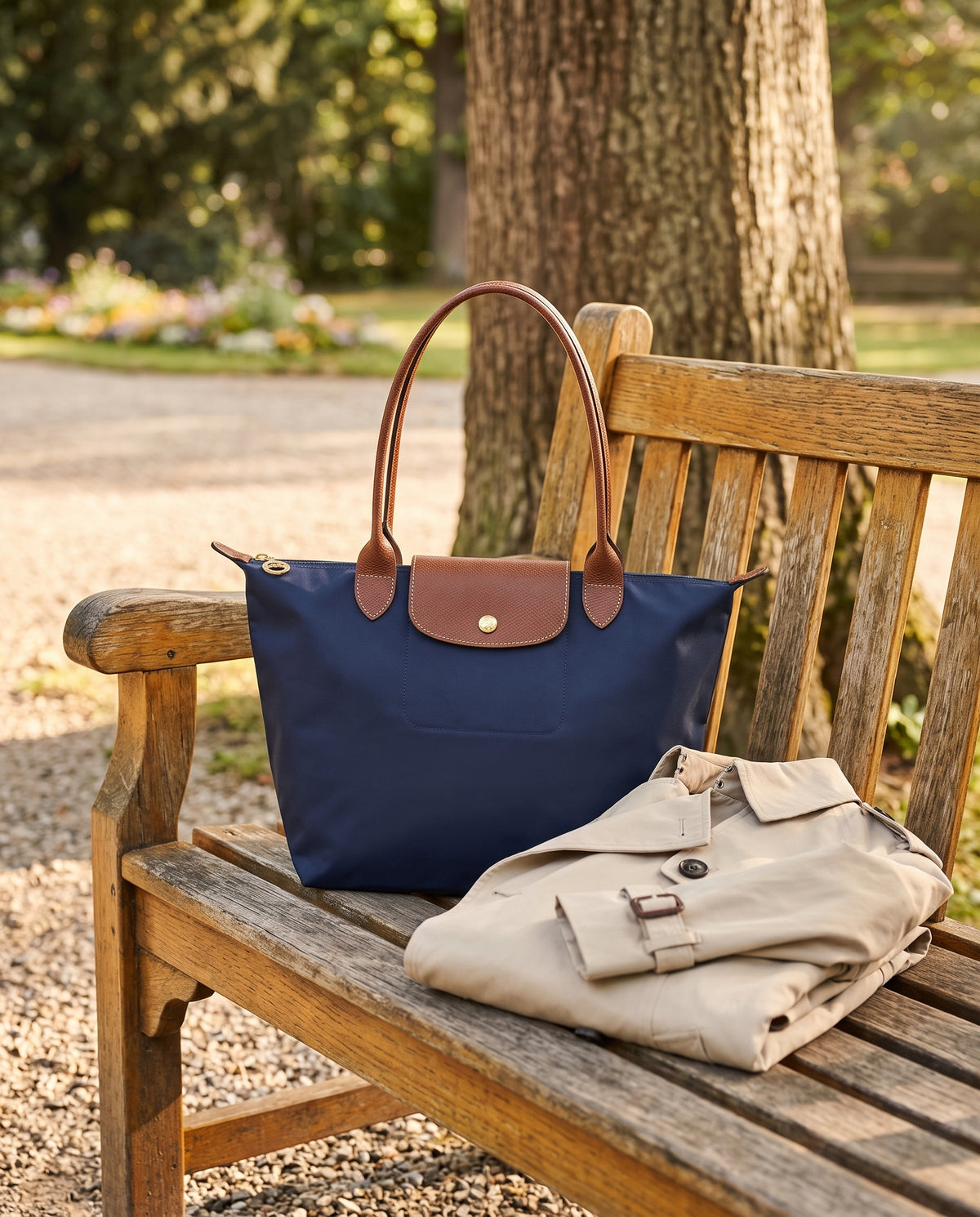 Nylon Tote Bag Marineblau – auf der Parkbank