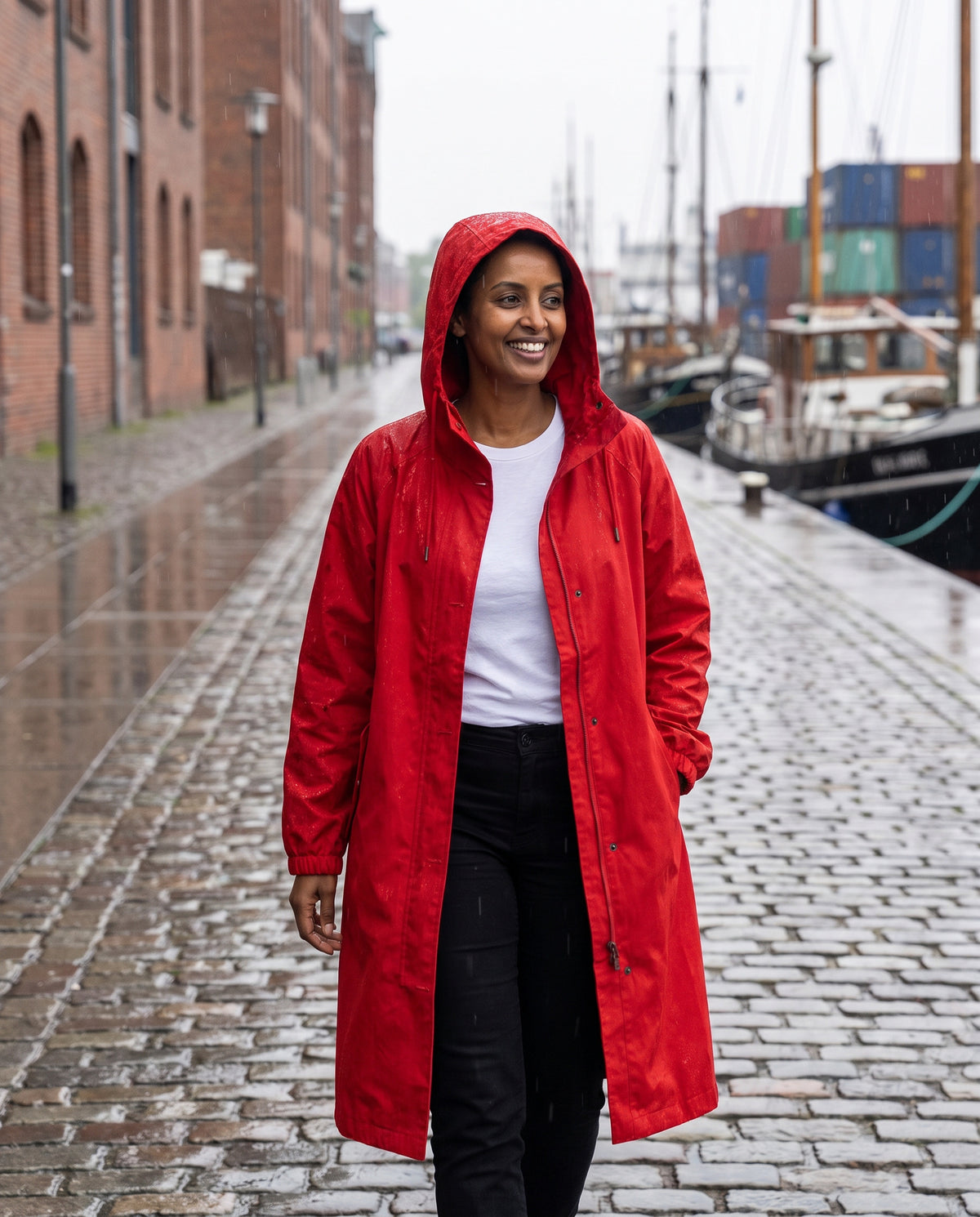 Regenmantel Damen Rot – im Regen am Hafen