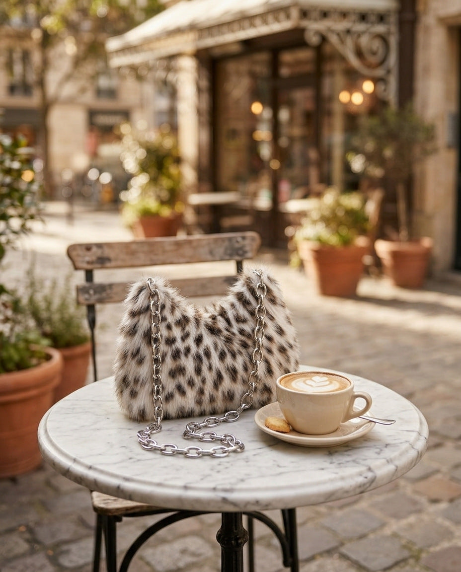 Kunstfell-Tasche – auf dem Café-Tisch