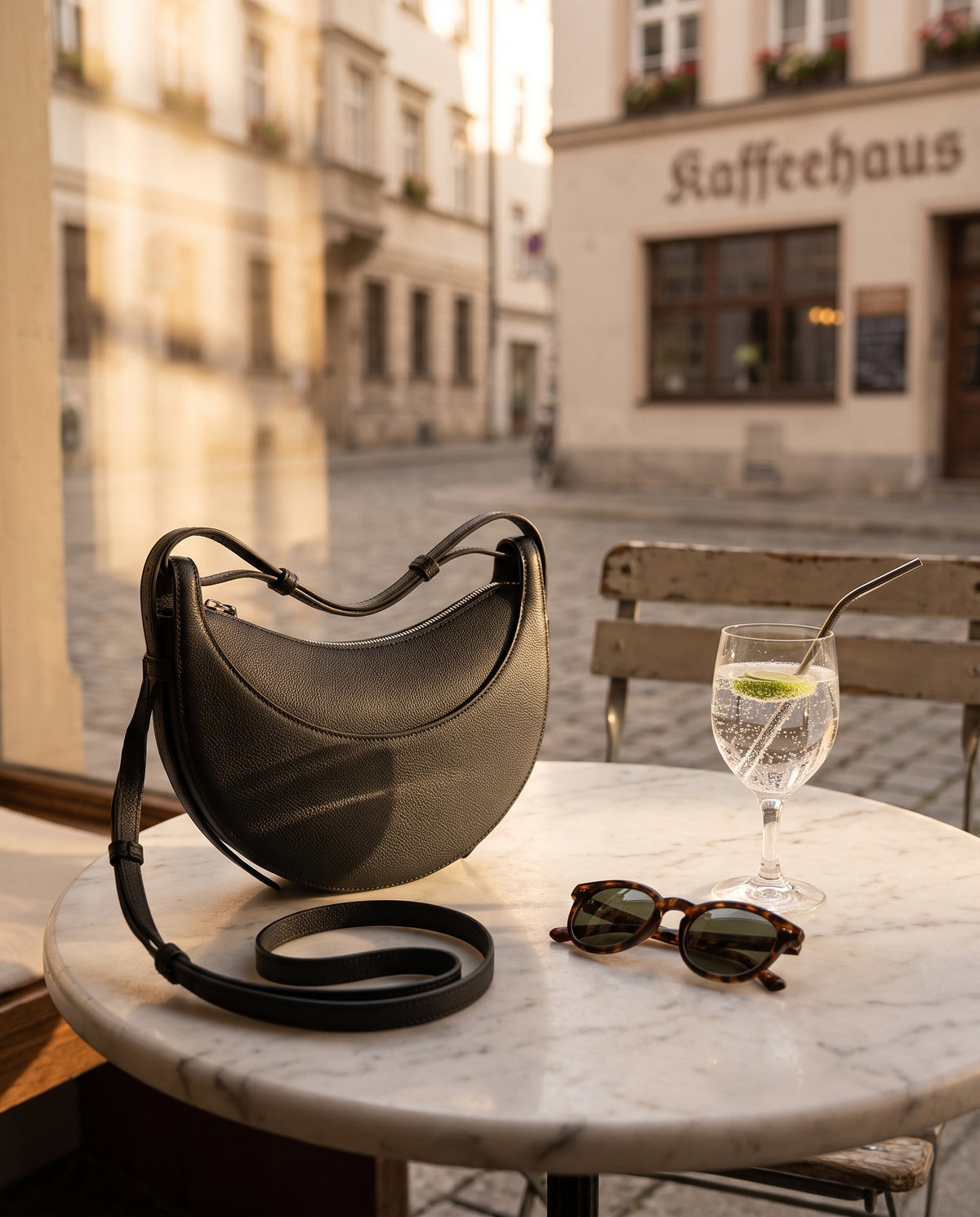 Halbmond Tasche Schwarz – auf dem Cafétisch