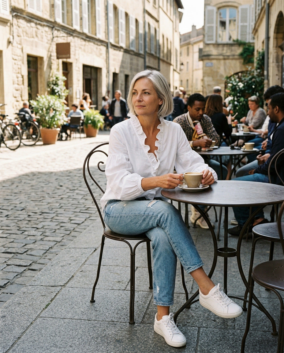 Rüschenbluse – im Straßencafé