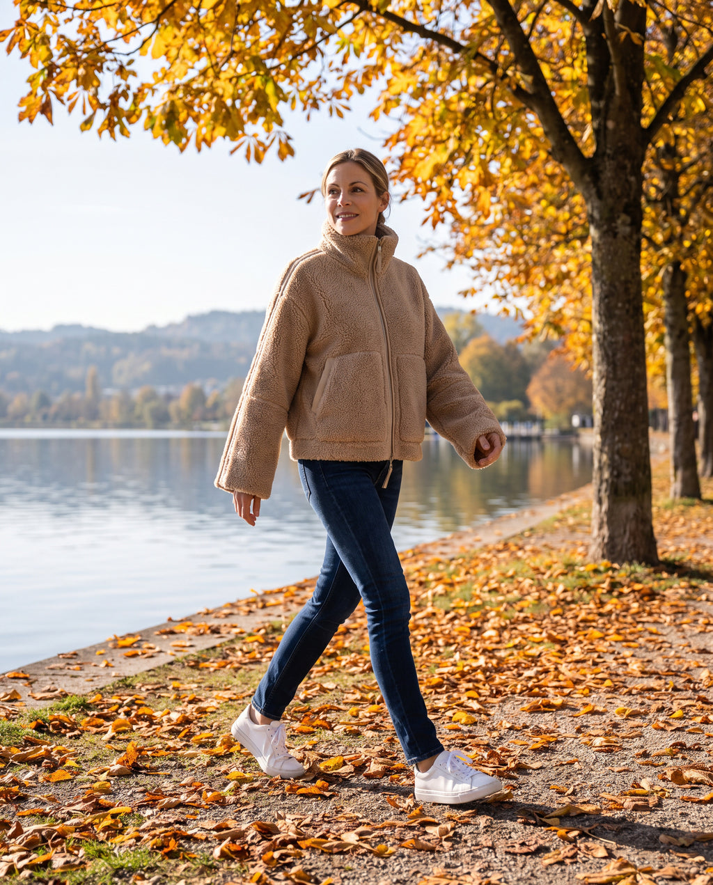 Teddy Fleecejacke Damen Beige – Herbstspaziergang am See