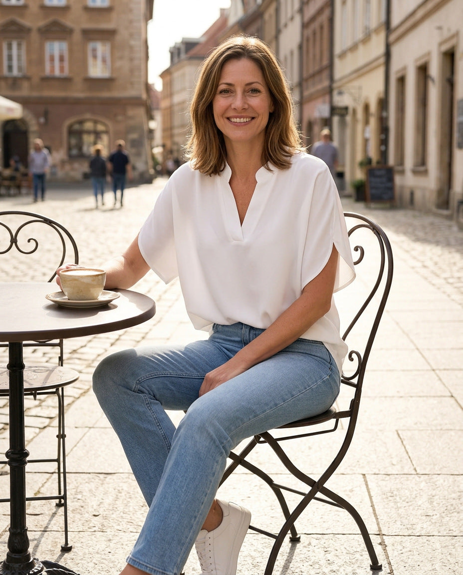 Kurzarm Bluse – im Straßencafé