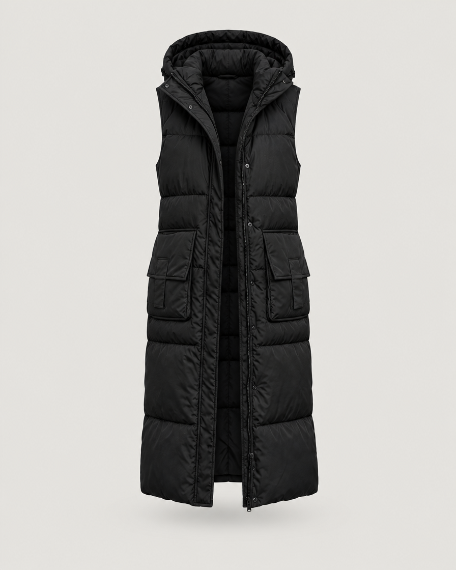 Lange Steppweste Damen mit Kapuze Schwarz – Produktansicht
