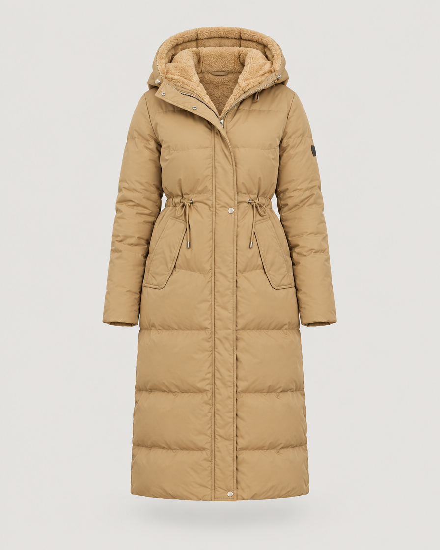 Langer Steppmantel Damen mit Kapuze Beige – Produktansicht