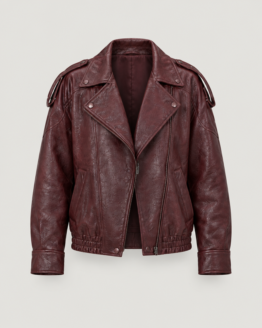Bikerjacke Damen Kunstleder oversized Rot – Produktansicht