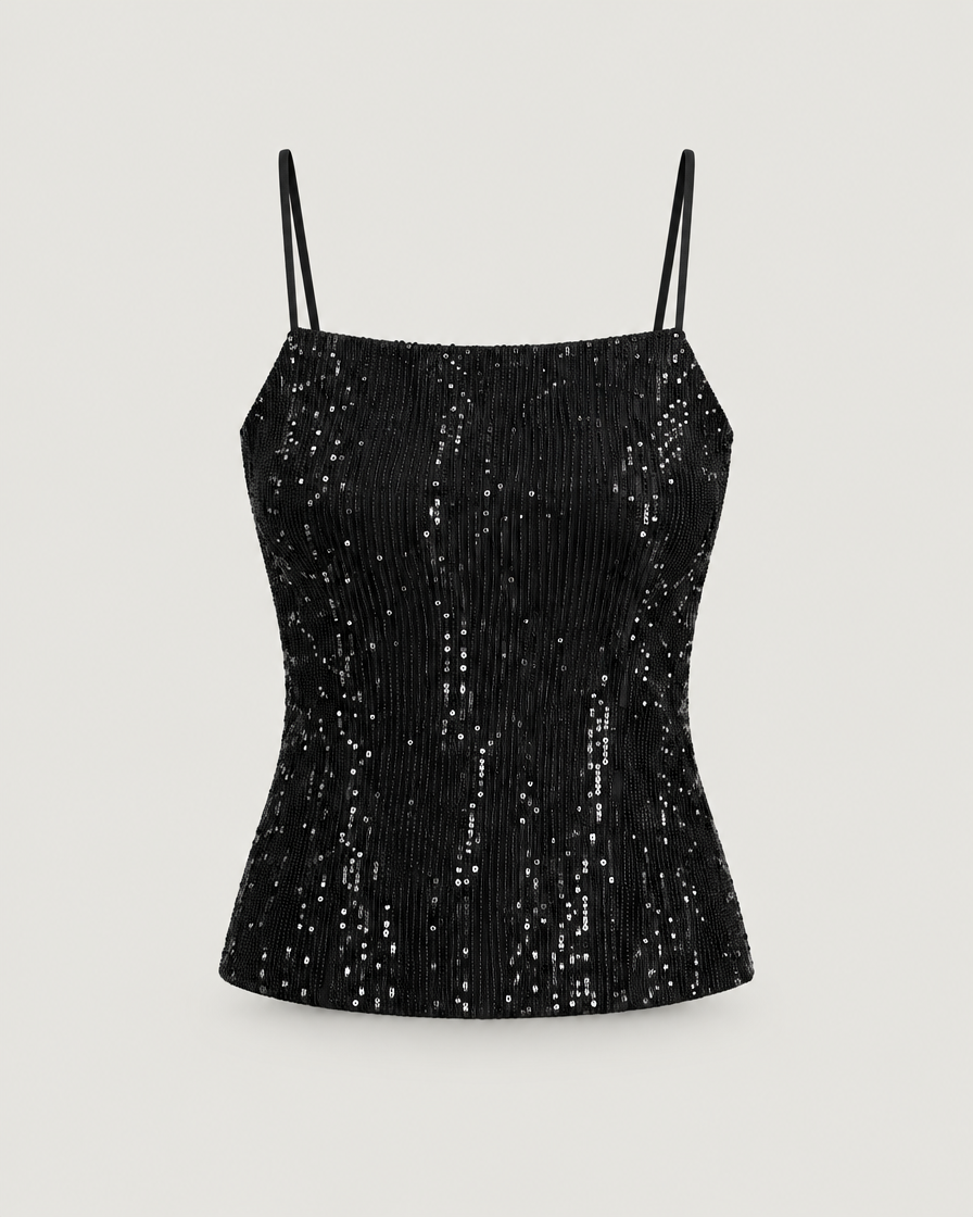 Paillettentop Damen mit Spaghettiträgern Schwarz – Produktansicht