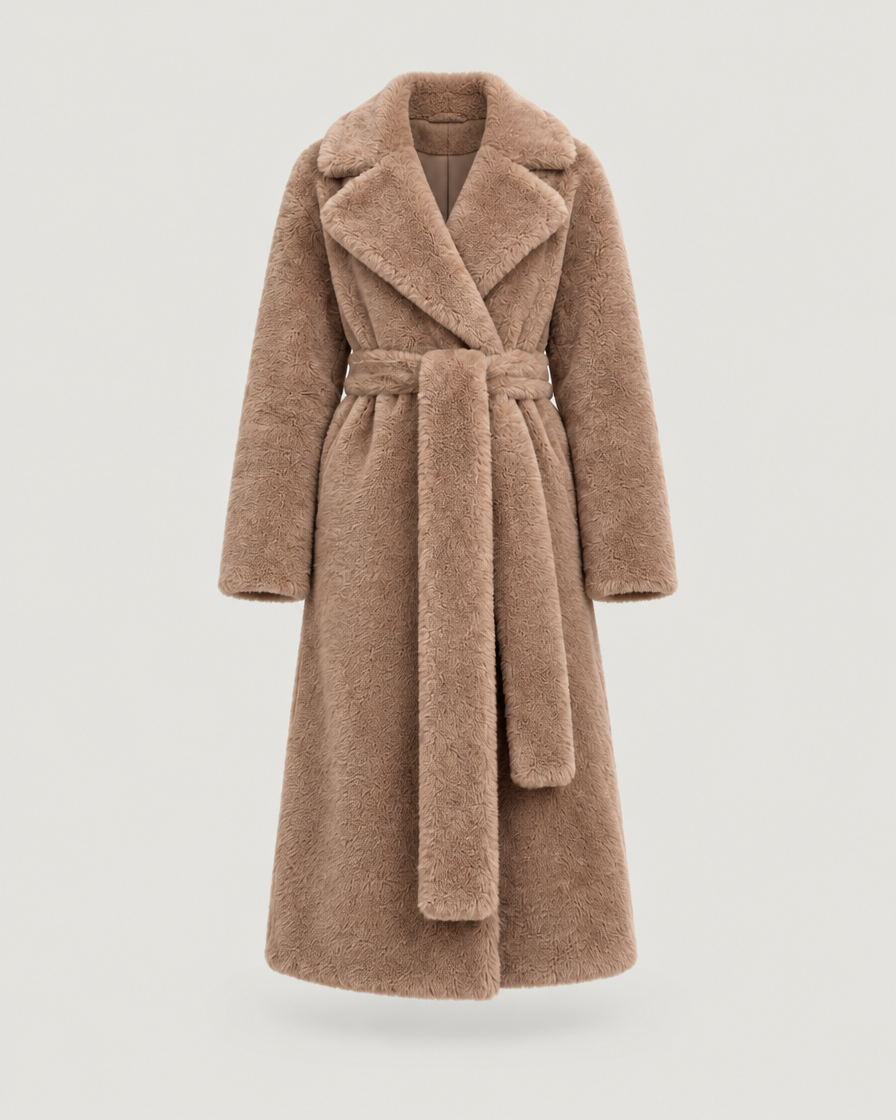Langer Teddymantel Damen mit Gürtel Taupe – Produktansicht