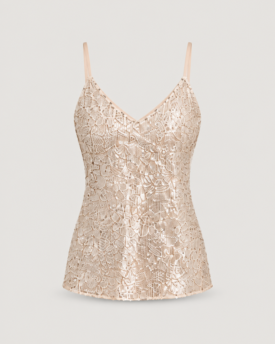 Lockeres Paillettentop Damen mit V-Ausschnitt Champagner – Produktansicht