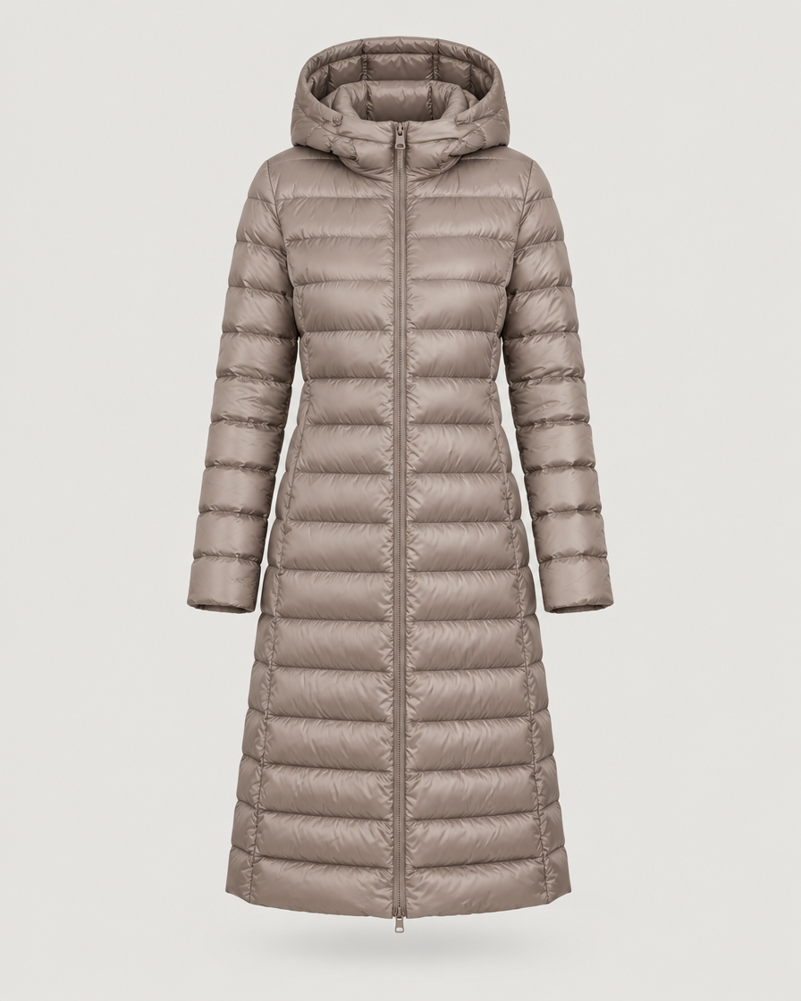 Langer Steppmantel Damen mit Kapuze Taupe – Produktansicht