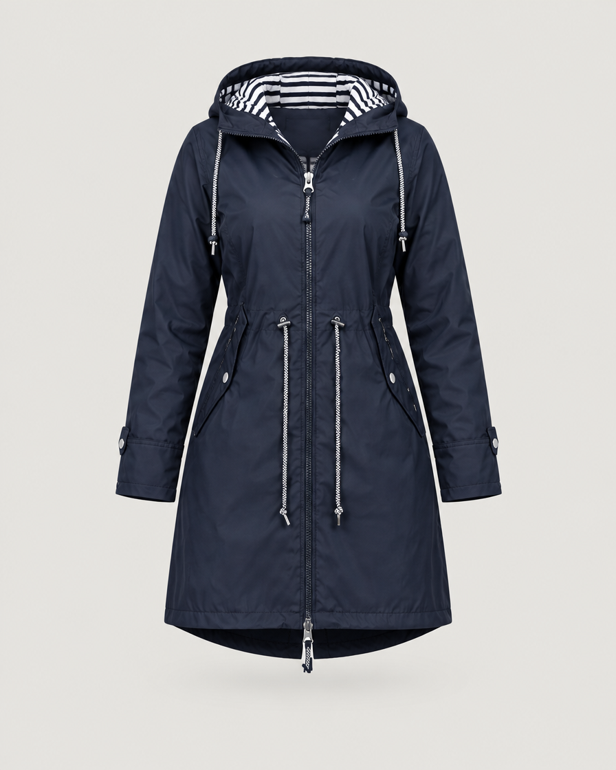Regenjacke Damen lang mit Kapuze Marineblau – Produktansicht