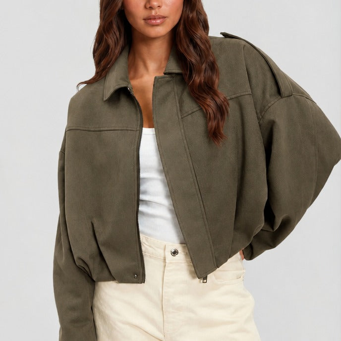 Kurze Oversized-Jacke Damen Olivegrün