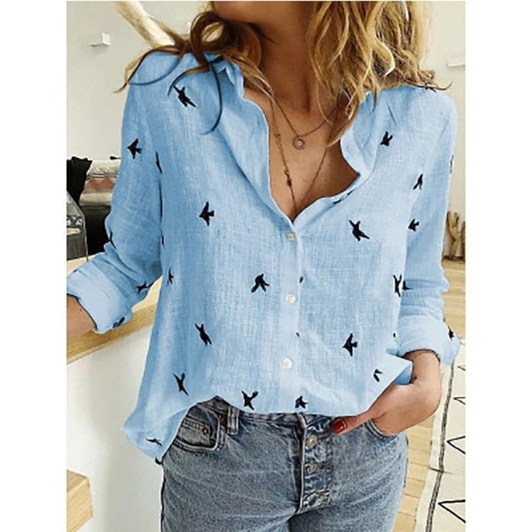 Bluse Vogelprint Blau mit Vögeln