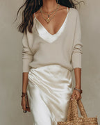 Satin Midikleid Weiß mit Pullover