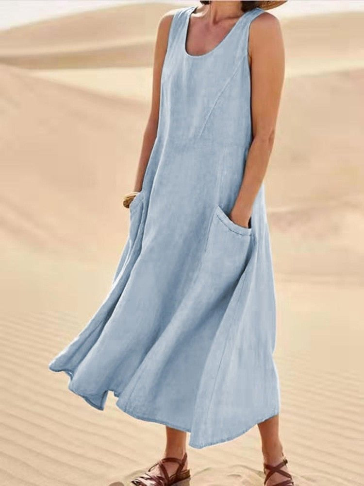 Maxikleid Leinenoptik Hellblau